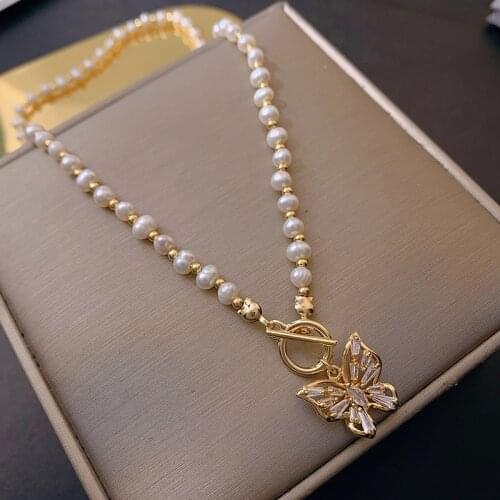 Korean Vintage Natural Freshwater Pearl Necklaces for Women Crystal Zirconia Butterfly Choker Necklace