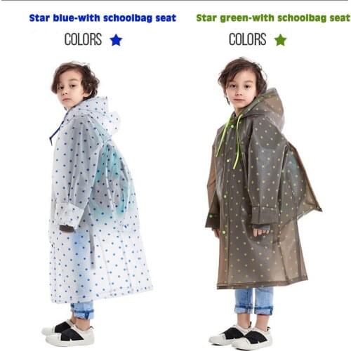 Childrens Hooded Raincoat Star Printing EVA Waterproof Outdoor Raincoat with Schoolbag Bit Boys Girls Walking Poncho M-XL