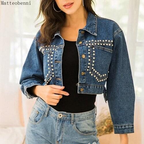Sexy Beading Jean Jacket Women Oversized Autumn Denim Jackets Vintage Long Sleeve Short Jacket Casual Loose Quality Denim Coats