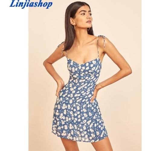 Fashion summer dress women elastic spaghetti straps back zipper floral print lining mini dress