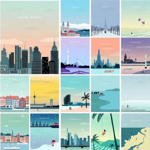 Cartoon Sea Travel Famous City Building Landscape Nordic Posters and Prints Wall Art Canvas Painting Pictures Home Decoration