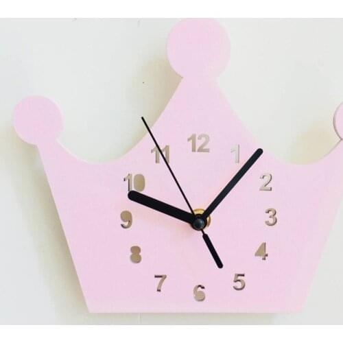 Pink Crown Wall Clock Kids Girl Room Decorations Wood Modern Design Silent Non-Ticking Clocks Hanging Ornaments Nursery Decor