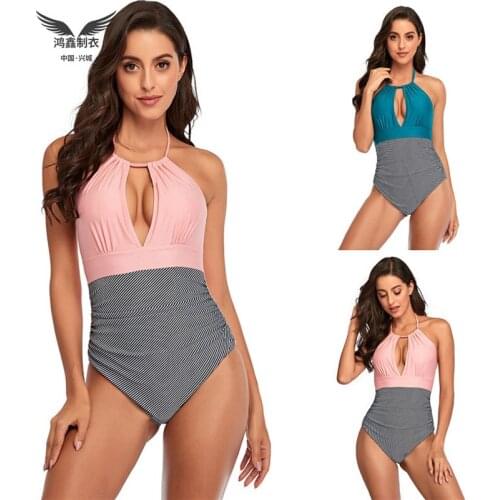 2021 new one-piece swimsuit feminine deep V solid color ladies swimsuit stitching bikini swimsuit