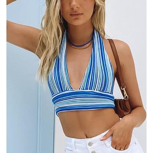 Rainbow Stripe Printing V-Neck Bandage Halter Tops Summer Women Backless Sexy Tanks Y2k Cropped Fashion Camisole Party Clubwear
