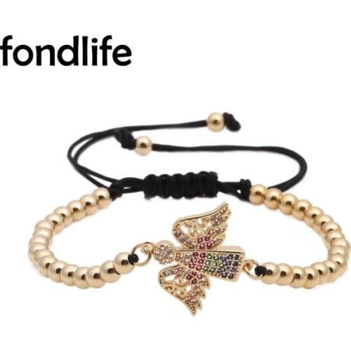 Multicolor Cubic Zirconia Stone Gold-plated Brass Angel Wing Charm 4MM Copper Beads Stung Bracelet Women Pull Cord Jewelry Gift