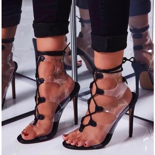 Moraima Snc Newest High Heel Sandal Transparent PVC Pathcowkr Lace-up Gladiator Shoes Summer Cutouts Party Dress Shoes