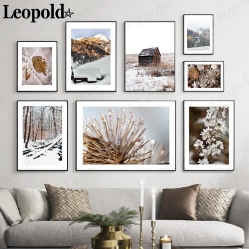 Nordic Winter Landscape Canvas Painting Snow Mountain Forest Leaf Poster Wall Art Modern Home Room Living Room Decoration