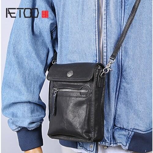 AETOO Leather mens lightweight shoulder bag, mini mens messenger bag, sheepskin casual waist bag
