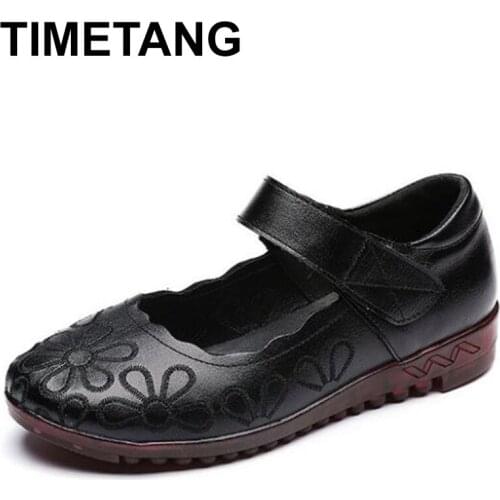 TIMETANG new autumn embroidered middle-aged women shoes casual flats comfortable soft mother genuine leather shoes woman flats