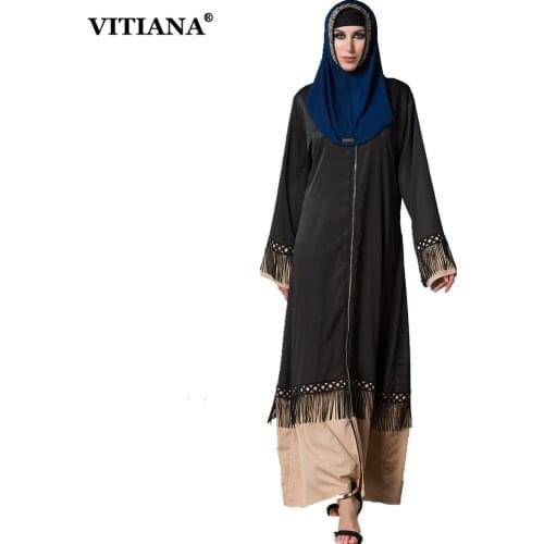 VITIANA 2017 Women Islam Muslim Plus Size Maxi Long Dress Black With Zippers Long Sleeve Loose Clothing Islamic Abaya Robe S-5XL