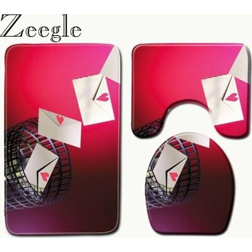 Zeegle Valentines Day Printed Anti Slip Bathroom Mat Set U Shape Floor Rugs Toilet Cover Bath Small Rug WC Carpet Bath Mats