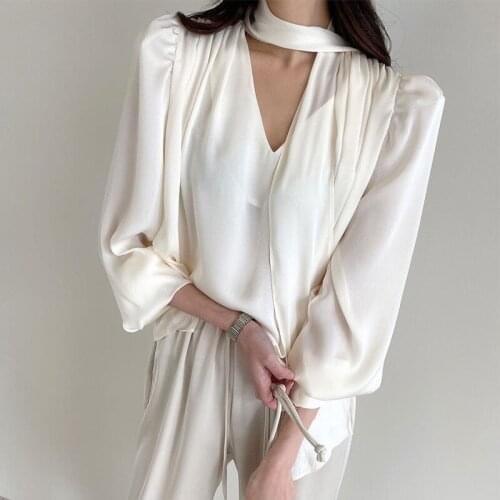 New Office Lady Fashion Women Blouse Polyester Blouse Shirt With Tie V-neck Spring Vintage Long Sleeve Women Tops