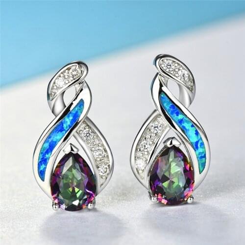 Pear Cut Rainbow Zircon Cross Stud Earrings For Women 925 Sterling Silver Filled Teardrop Blue White Fire Opal Earrings Jewelry