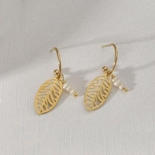 Hanging Leaves Pearl Stud Earrings for Women Titanium Steel INS French Korean Earrings 2021 Trendy Statement Earrings Pendientes