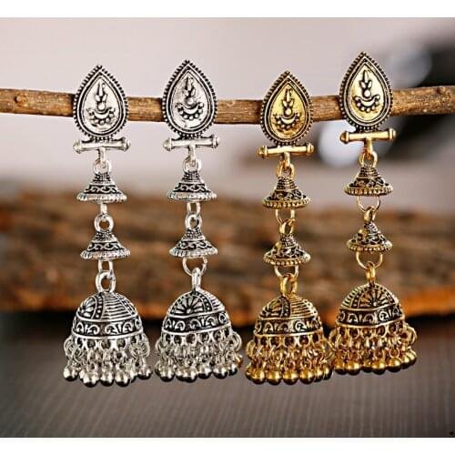 Retro Womens Gold Geometric Long Alloy Dangle Jhumka Earrings Bohemia Bell Tassel Ladies Drop Earrings Oorbellen