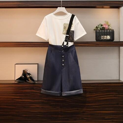 Casual ladies denim suit summer 2021 new street embroidery O neck T shirt top and pocket shorts two piece set simple sets chic