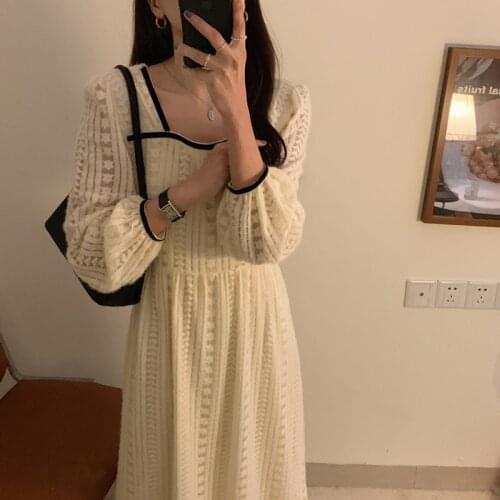 Alien Kitty 2021 Retro Elegance French Chic Loose Vestidos Elegant Square Collar High Waist Women All Match Hot Long Dresses