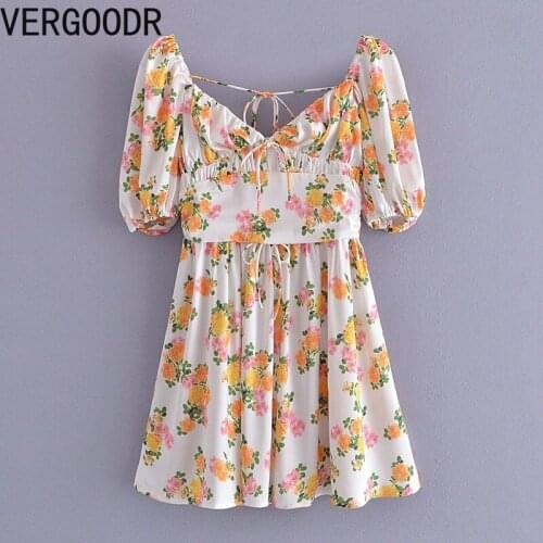 Vergoodr Floral Print Dresses for Women Autumn Puff Sleeve Open Back Waist Mini Dress with Ruffles Sexy V-neck Dresses Vestidos