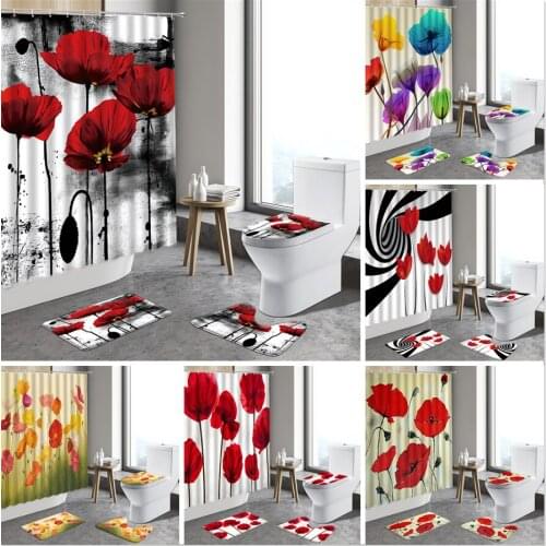 4pcs Red Flowers Poppy Floral Shower Curtain 3D Watercolor Plant Butterfly Anti-Slip Bath Mats Toilet Cover Bathroom Carpet Rugs