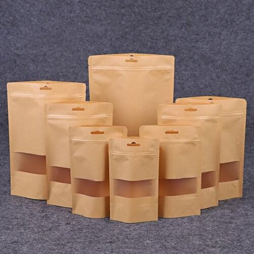 50pcs/lot Kraft Paper Self Sealing Tea Bag Window Zip lock Empty Dried Food Fruit Tea Gift Package Zipper Stand up Bags