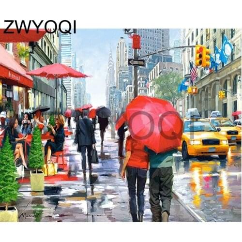 Full Square Diamond embroidery Cross stitch Couple Red umbrella street road 5D DIY Diamond painting Full Round Diamond mosaic