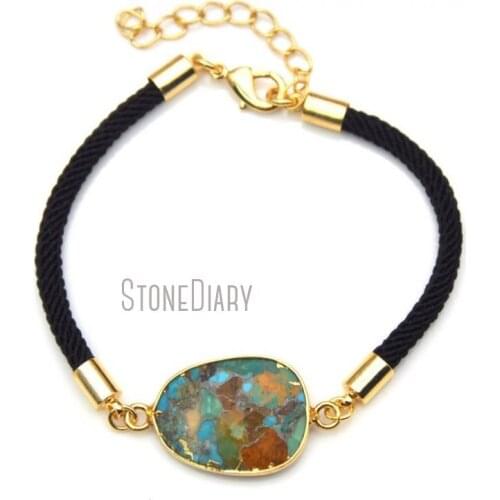 5Pcs Turquoises Bracelet Black Fiber Cotton Pure Gold Color Faceted Free Form Bracelet For Sale Adjustable BM14832