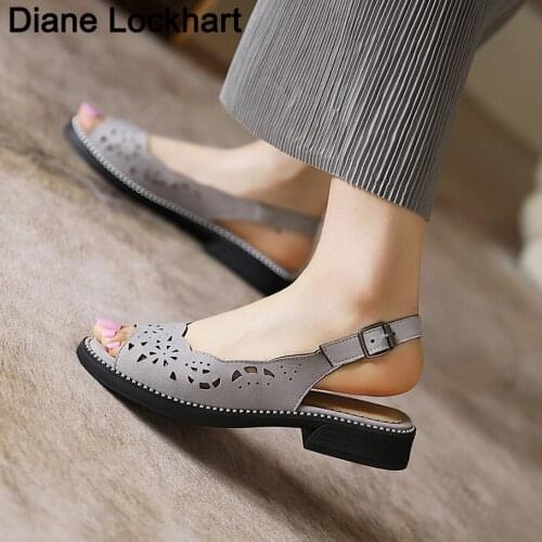 Vintage Hollow Out Sandals Low Heel Summer Slip-on Buckle Ladies Shoes Open Toe Casual Pumps Women Sandalias De Mujer
