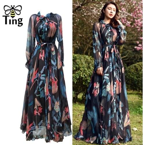 Tingfly High Quality Chiffon Long Maxi Dress Women Fashion Vibrant Tropical Floral Bohemian Dress Party Dresses with Waistband