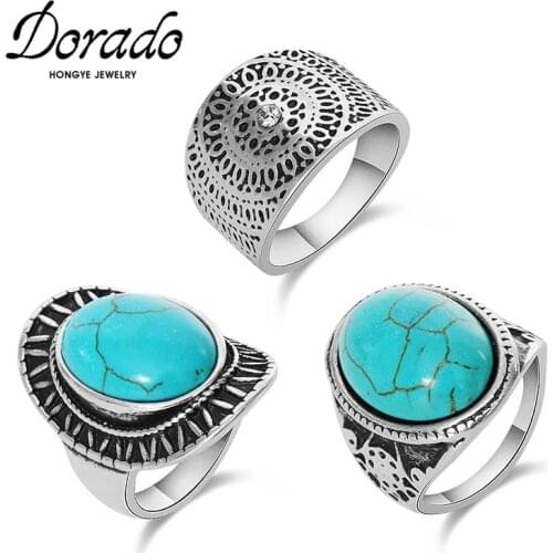 Dorado New Design 3 Pieces Vintage Knuckle Rings For Women Boho Geometric Carved Blue Stone Set Jewelry Antique Ring Punk Unique