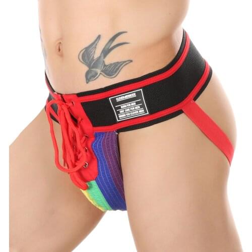 Men Jockstrap Underwear Sexy Thong Lacing Penis Pouch Fetish Lingerie Waistband Open Front Men Lace Up Underpants hombre Exotic