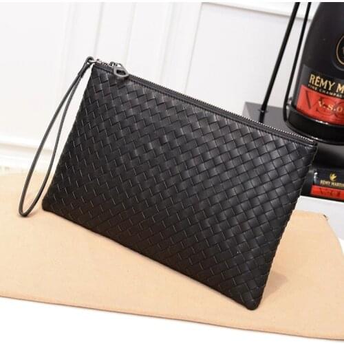 Men High Quality Luxury Cowhide Genuine Leather Clutch Bag Fashion Woven Zipper Hand Strap Large Capacity Designer Wallet Purse