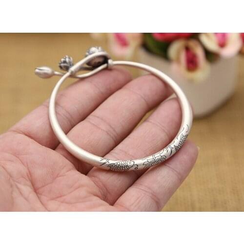 Real 999 Sterling Silver Women fish lotus flower Cuff Bracelet Jewelry mom gift A4653