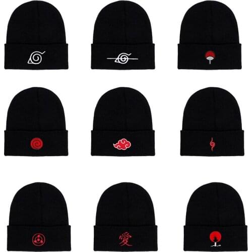 Autumn New Japanese Anime Akatsuki Embroidered Beanie Caps Ninja Red Cloud Logo Skullies Beanies Cartoon Knitted Hat Men Bonnet