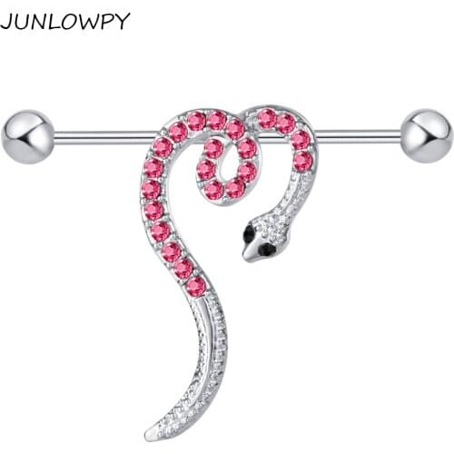 JUNLOWPY Industrial Piercing Bar Stainless Steel 14G Tragus Barbells Earring Snake Red CZ Gem Wholesale Ear Body Jewelry 20pcs
