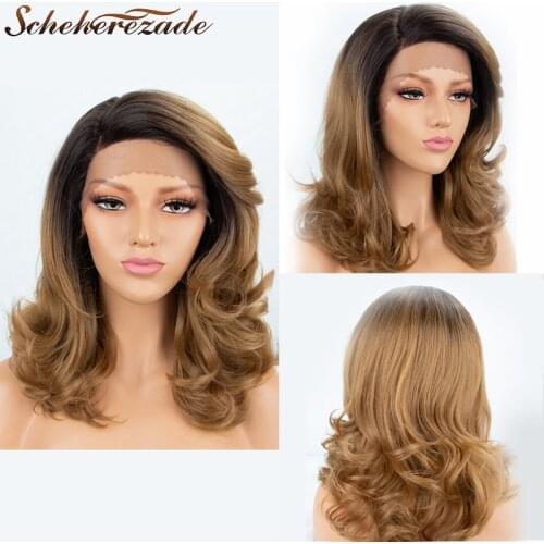 Scheherezade Ombre Brown Lace Front Wig Synthetic Hair Brown Bob Wigs For Women Synthetic Lace Front Wig Heat Resistant Wavy Wig
