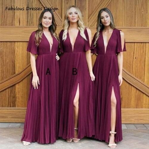 Sexy Deep V Neck Bridesmaid Dresses Fuchsia Short Sleeve Women Long A Line 2021 Wedding Party Dress Robe De Soiree De Mariage