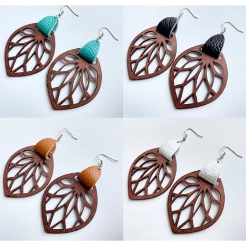 Genuine Leather Wrap Cutout Wood Leaf Drop Earrings for Women 2021 Original Design Wooden Jewelry Wholesale