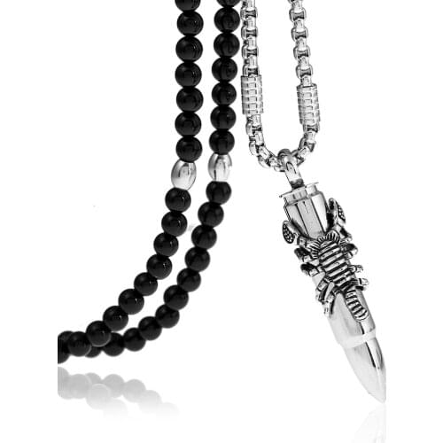 Titanium Stainless Steel Animal Scorpion Bullet Pendant Necklaces with Black Natural Stone Chain 26"