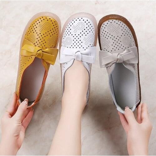 Leather summer hollow womens shoes flat bottom new casual shoes single shoes female round head soft bottom mother shoes bow