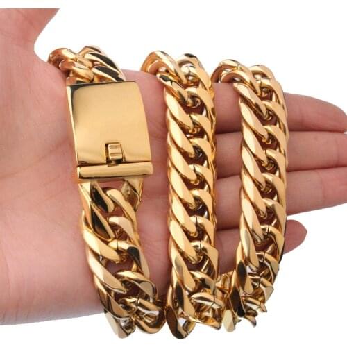 Heavy Huge High Polished 316L Stainless Steel 16MM Gold Cuban Curb Double Cube Link Chain Mens Necklace or Bracelet