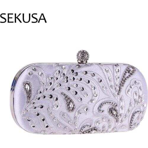 Vintage Beaded Women Evening Bags Diamonds Party Handbags Metal Luxury Shoulder Chain Day Clutches Purse Bag