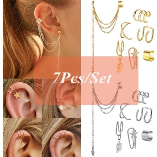 ALIUTOM Punk 7pcs/set Ear Cuff Earrings Fashion Personality Ear Clip Metal Tassel Chain Earrings For Women Gift Leaf Pendientes