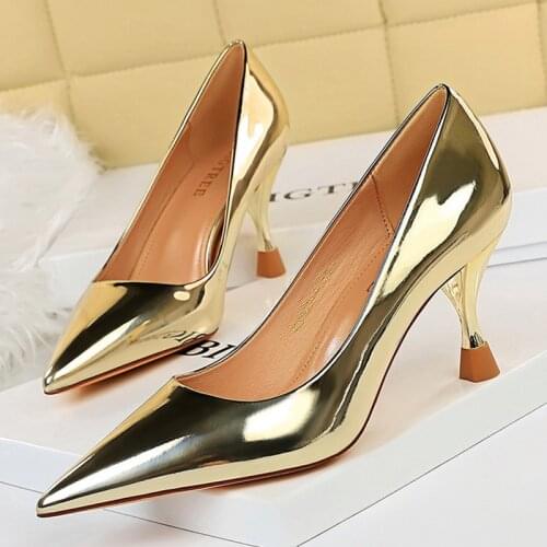 2021 Elegant Women Bling Silver 7.5cm High Heels Pumps Female Luxury Tacons Gold High Heels Scarpins Wedding Prom Shoes Big Size