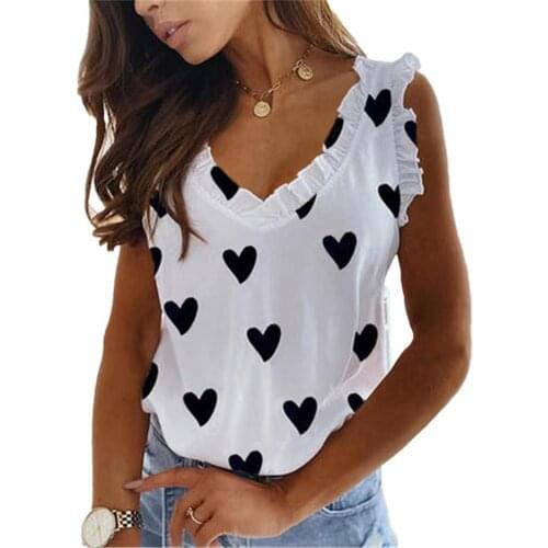 80%HOT Fashion Women Vest Heart Print Sleeveless V Neck Ruffle Loose Blouse T-shirt for Summer