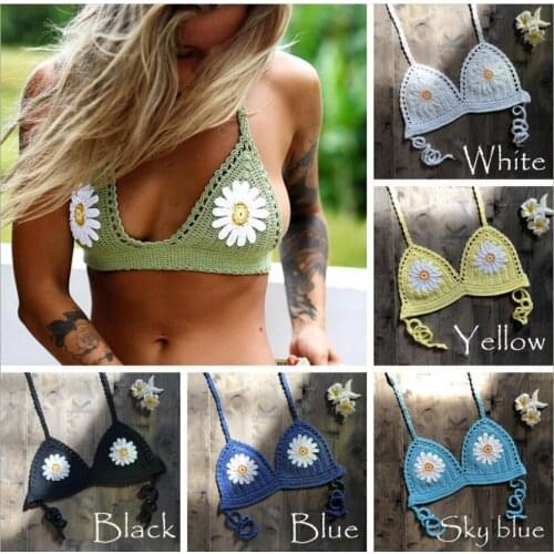 Crochet daisy Women Bikini Top Knitted Bra Lady Monokini Push Up Boho Beach Cami Crop Swimsuit Swimwear
