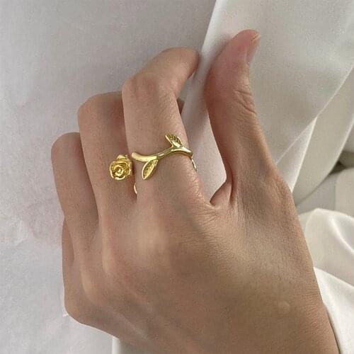 Gold Rose flower stainless steel open ring for women funny unique fancy cocktail ring adjustable cool fashion