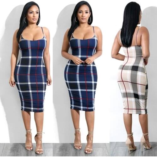 High Street 2021 Middle Length Gowns Plaid Sexy Spaghetti Strap Dress Women Sleevless Royal Blue Sheath Dresses Vestido De Mujer