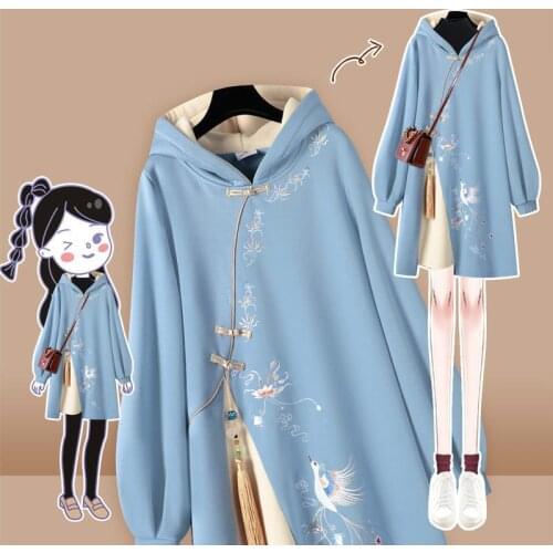 Chinese Style Hoodies Stitching Vestido Cheongsam Oversized Embroidery Sweatshirt Dress Spring Women Buckle Thick Dresses
