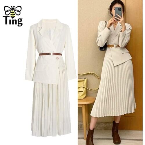 Tingfly High Quality Women Autumn Spring Dresses Notched Collar Elegant Pleated Office Lady Midi Long Dress Tide Vestidos Robes