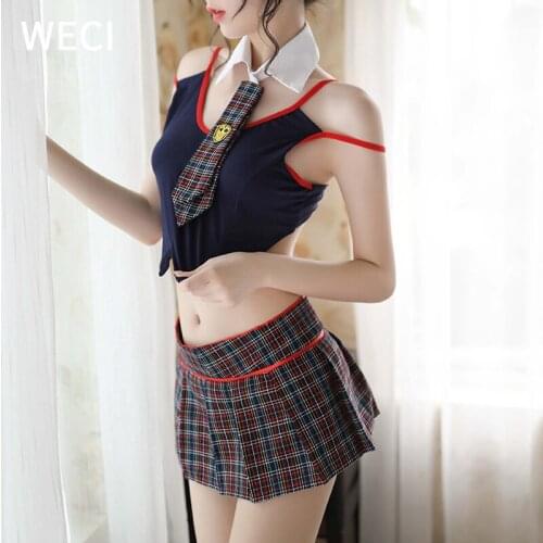 WECI Womens Sexy Cosplay Lingerie Student Uniform School Girl Erotic Costume Ladies Halter Strap Tie British College Style Suit